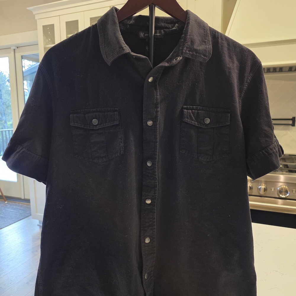 INC International Concepts Black Short Sleeve Snap-Front Button Down Shirt - Picture 2 of 6